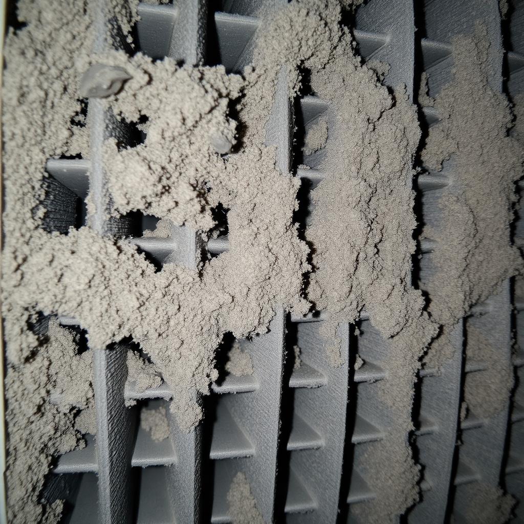 Heavily clogged HVAC filter caked with thick gray dust and debris before professional cleaning